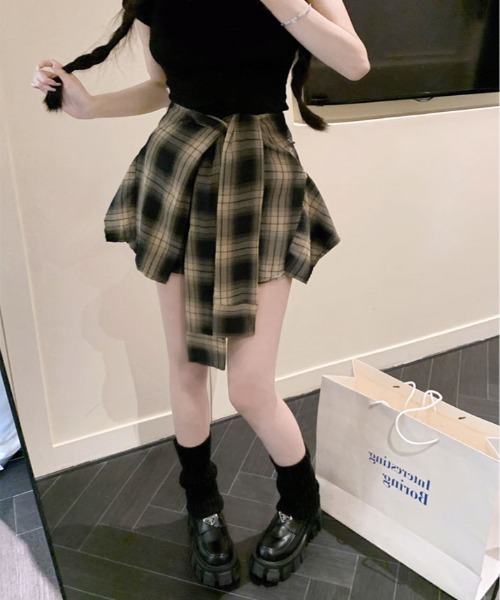 パンツ 腰巻き シャツ風 チェック柄 ショートパンツ レディース