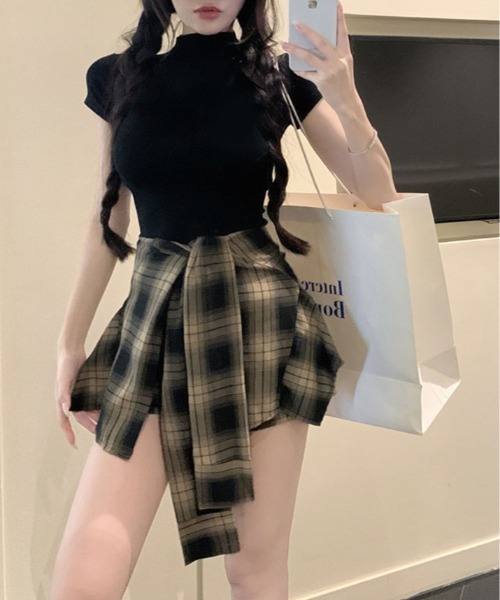 パンツ 腰巻き シャツ風 チェック柄 ショートパンツ レディース