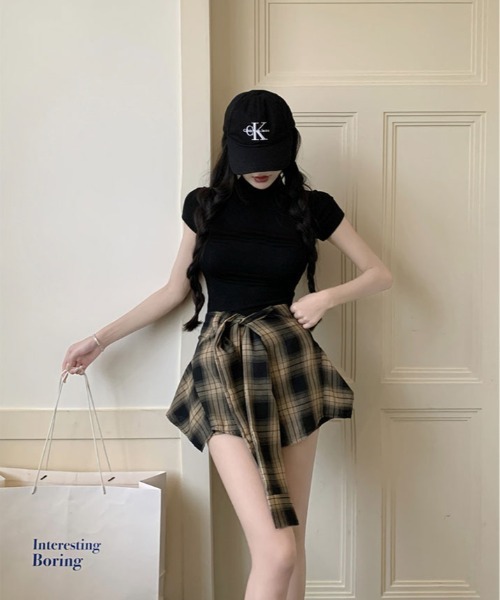 パンツ 腰巻き シャツ風 チェック柄 ショートパンツ レディース
