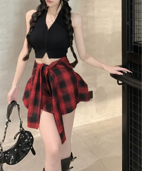 パンツ 腰巻き シャツ風 チェック柄 ショートパンツ レディース