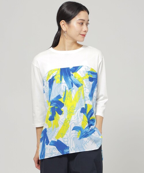 tシャツ 「ウォシャブル」フラワープリントコンビカットソー レディース