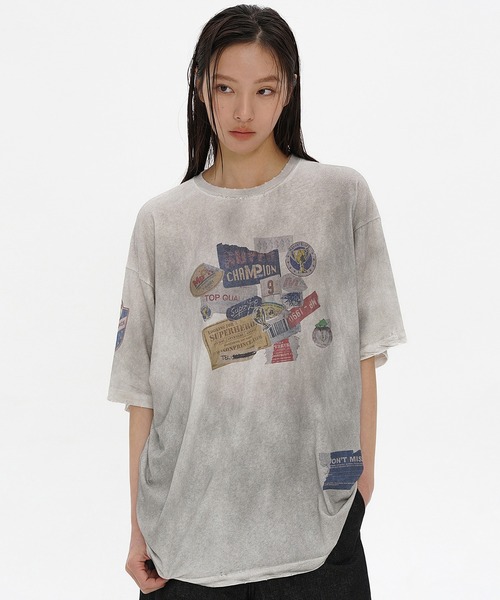 MASONPRINCE tシャツ オーバーサイズ 汚れ加工 ステッカープリント T