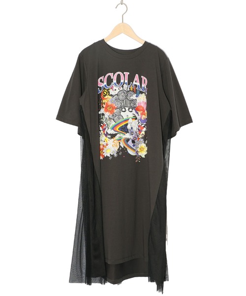 ScoLar ワンピース 151652：スカラー×コラージュ柄 チュール重ね  