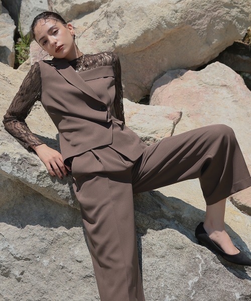 Callarus パンツドレス アシメテーラードデザインレースブラウスワイド