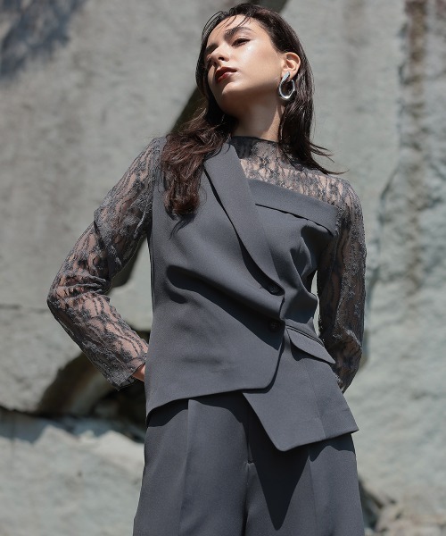 Callarus パンツドレス アシメテーラードデザインレースブラウスワイド