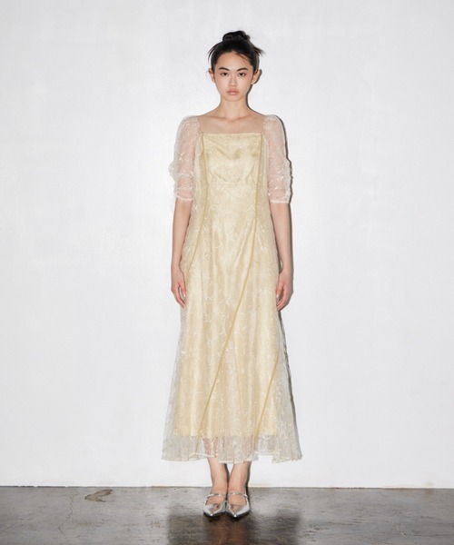 ANDRESD WAVE PIPING FRARE DRESS S イエロー ANDRESD パーティードレス ドレス ウェーブパイピングフレアドレス