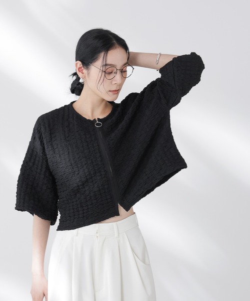 カーディガン フクレシャーリングzipカーディガン レディースの画像