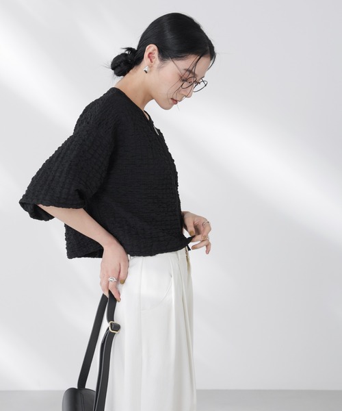新品 ナノ・ユニバース フクレシャーリングzipカーディガン フクレ シャーリング zip カーディガン