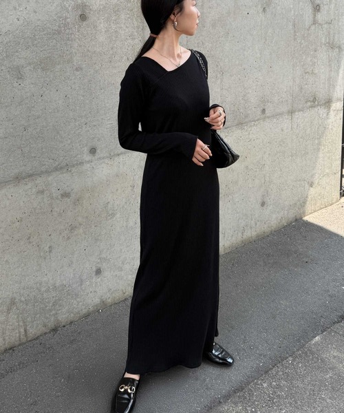 新品タグ付き　全骨格細見え　2way リブロングワンピース 長袖　ブラック　F 全骨格細見え】NEW2WAYロングリブワンピース（ワンピース）｜RIVE
