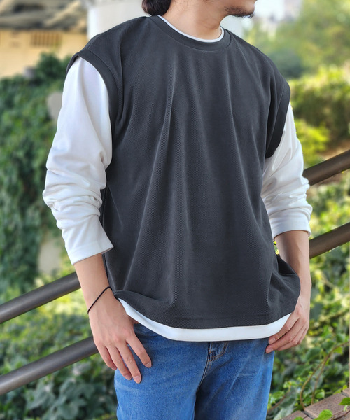 ikka（イッカ） tシャツ モール鹿の子フェイクベストロンT メンズ