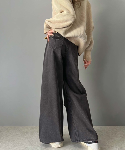 「Java」 ダメージ加工デニムパンツ LARGE ブルー レディース