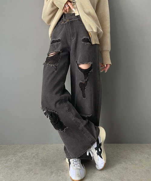 「Java」 ダメージ加工デニムパンツ LARGE ブルー レディース