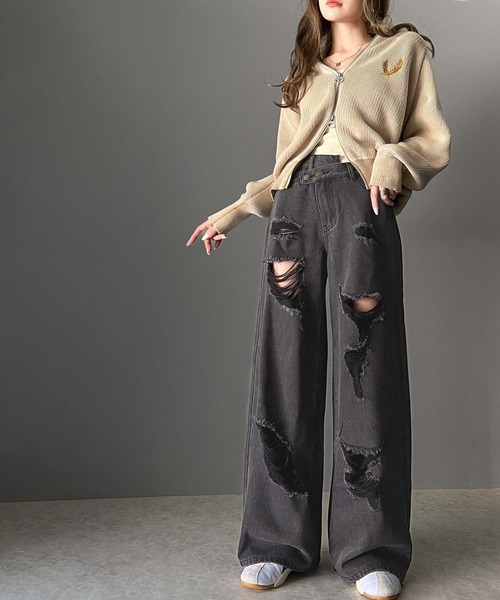 「Java」 ダメージ加工デニムパンツ LARGE ブルー レディース