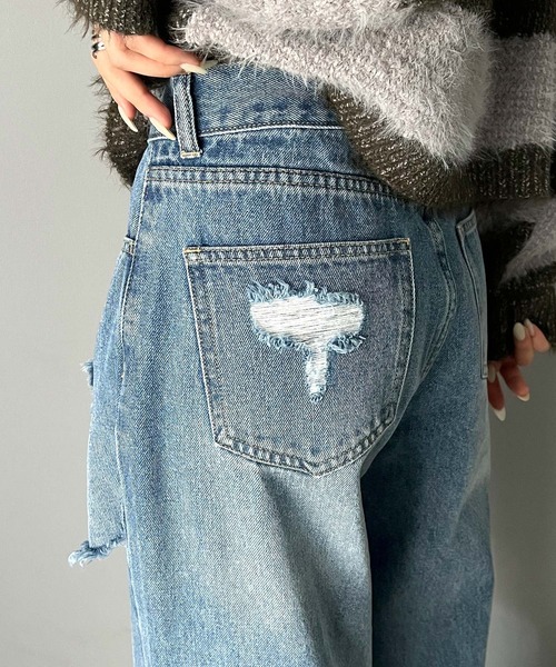 「Java」 ダメージ加工デニムパンツ LARGE ブルー レディース