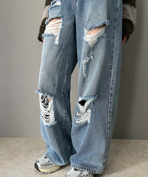 「Java」 ダメージ加工デニムパンツ LARGE ブルー レディース