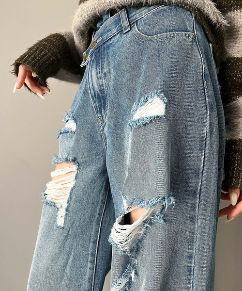 「Java」 ダメージ加工デニムパンツ LARGE ブルー レディース
