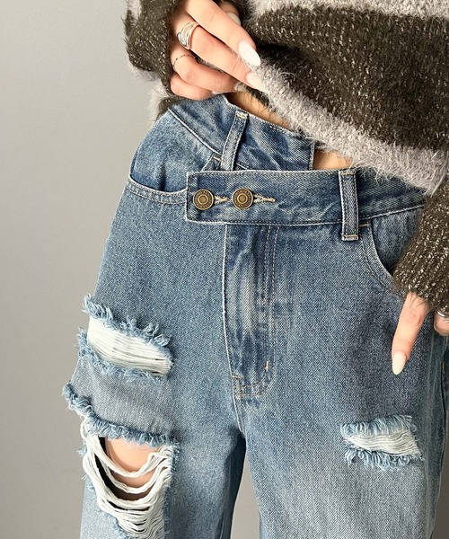 「Java」 ダメージ加工デニムパンツ LARGE ブルー レディース
