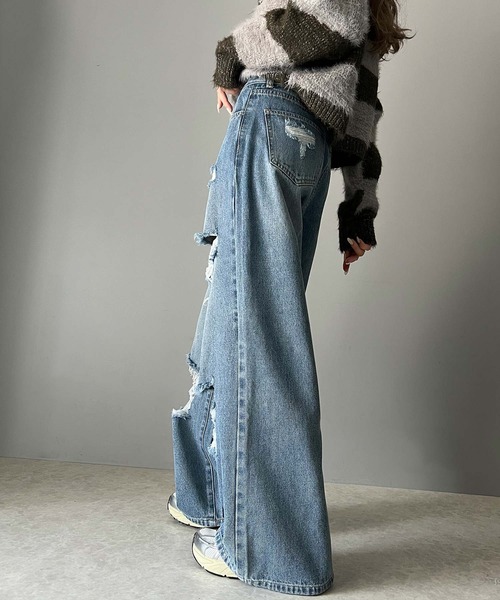 「Java」 ダメージ加工デニムパンツ LARGE ブルー レディース