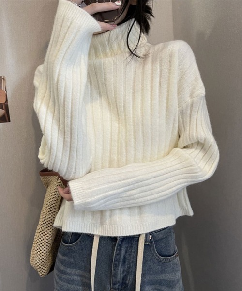 ニット セーター クロップド丈 タートルネック リブニット レディース