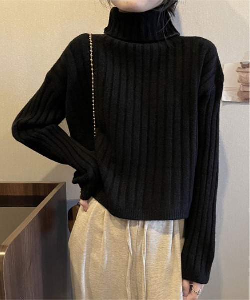 ニット セーター クロップド丈 タートルネック リブニット レディース