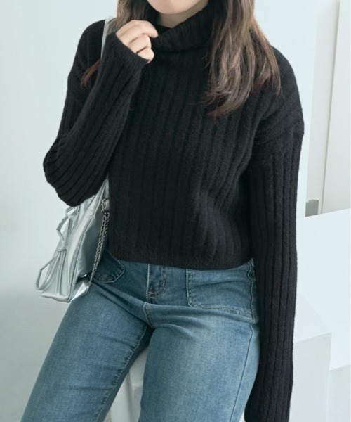 ニット セーター クロップド丈 タートルネック リブニット レディース