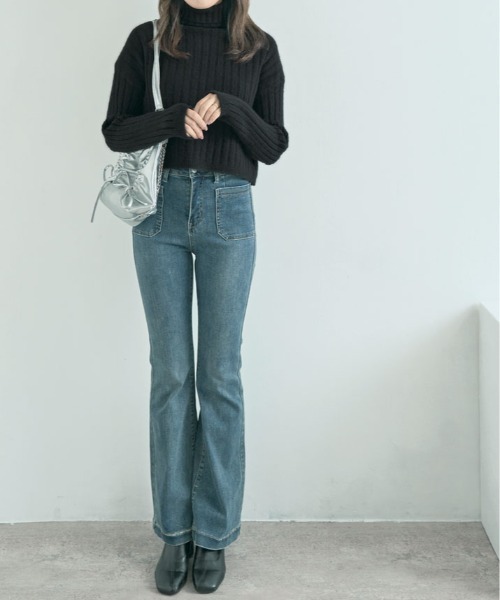 ニット セーター クロップド丈 タートルネック リブニット レディース