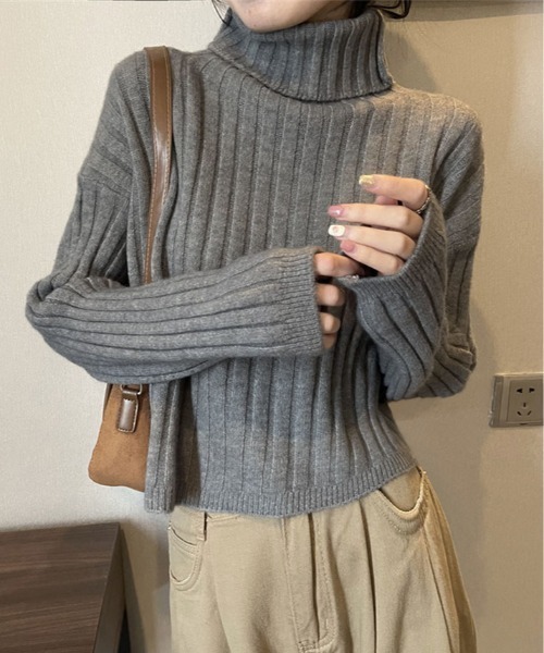 ニット セーター クロップド丈 タートルネック リブニット レディース
