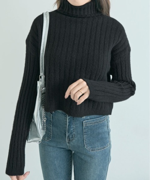 ニット セーター クロップド丈 タートルネック リブニット レディース