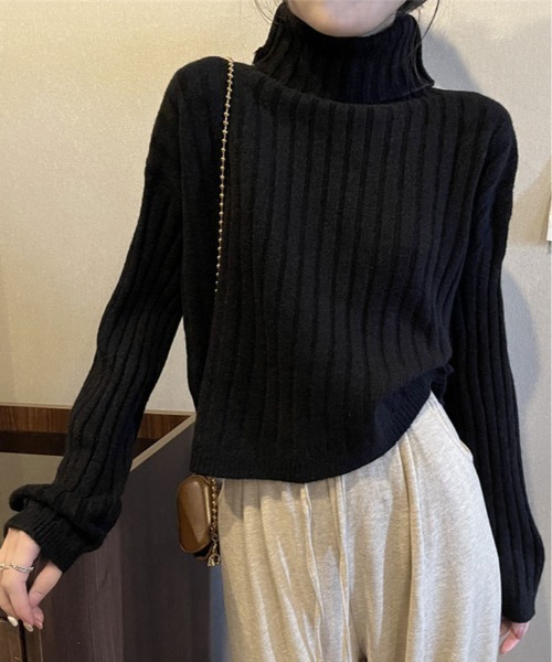 ニット セーター クロップド丈 タートルネック リブニット レディース