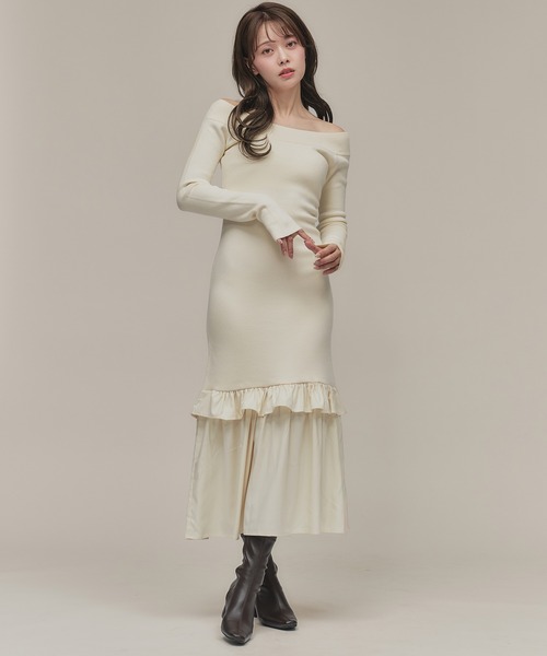 fupel ワンピース back open hem gather knit onepiece / バック