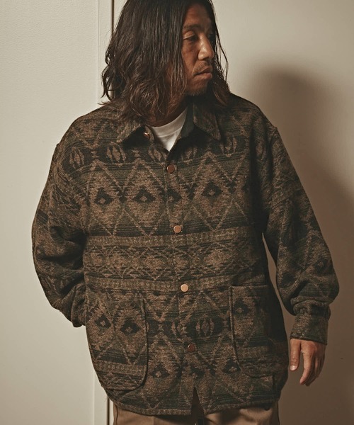 ネイティブ柄ジップジャケット　ウール　総柄　ショート丈 ALL RUNS ブルゾン アウター ネイティブ柄 ジャガードニットブルゾン
