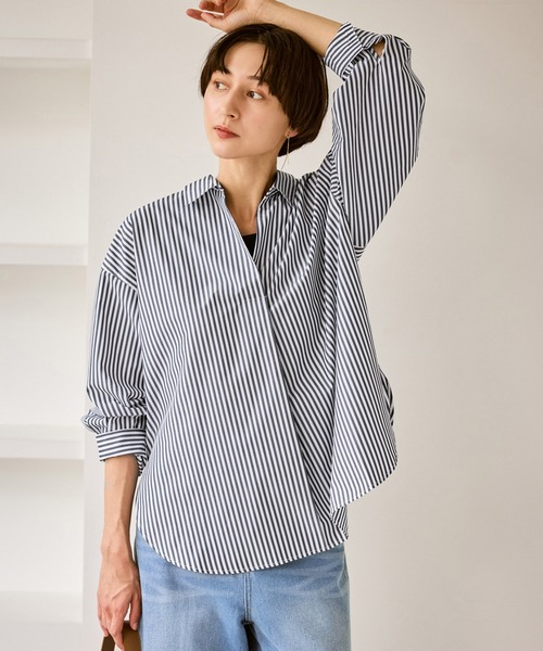 Umii908 45R オーバーサイズ ヒッコリーブラウス シャツ スキッパー ROPE' PICNIC（ロペ ピクニック） ブラウス シャツ スキッパーシャツ