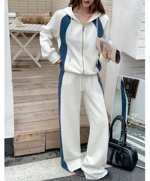 FAVORITO セットアップ デニム切り替えスウェットフード付きジップ付き