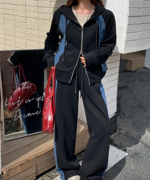 FAVORITO セットアップ デニム切り替えスウェットフード付きジップ付き