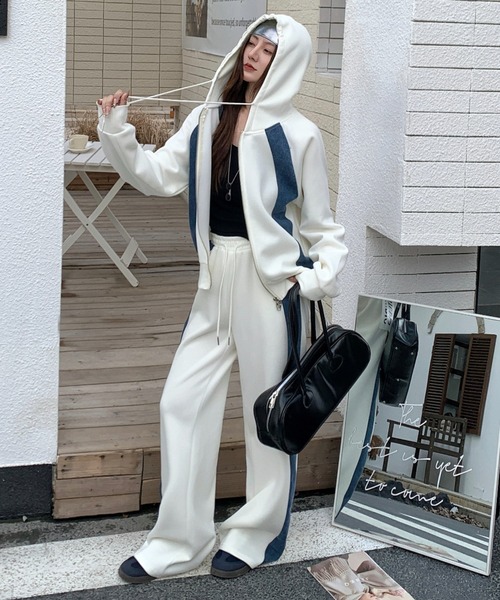 FAVORITO セットアップ デニム切り替えスウェットフード付きジップ付き