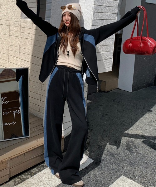 FAVORITO セットアップ デニム切り替えスウェットフード付きジップ付き