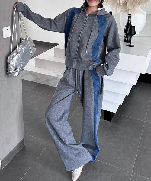 FAVORITO セットアップ デニム切り替えスウェットフード付きジップ付き