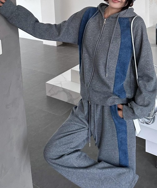 FAVORITO セットアップ デニム切り替えスウェットフード付きジップ付き