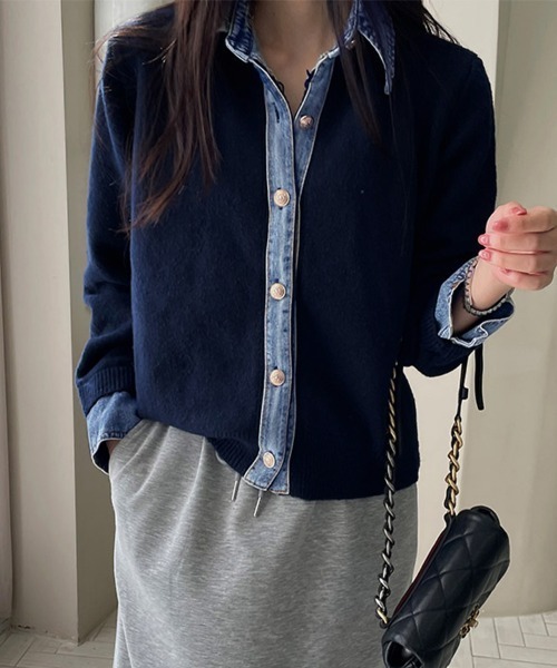 ReRe ニット セーター デニムシャツ風レイヤードニットトップス