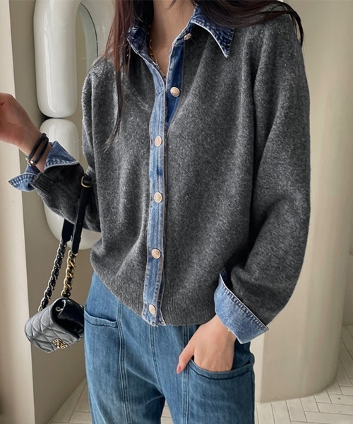 ReRe ニット セーター デニムシャツ風レイヤードニットトップス