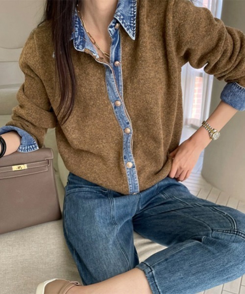 ReRe ニット セーター デニムシャツ風レイヤードニットトップス