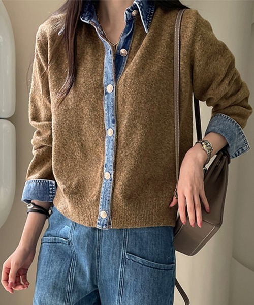 ReRe ニット セーター デニムシャツ風レイヤードニットトップス