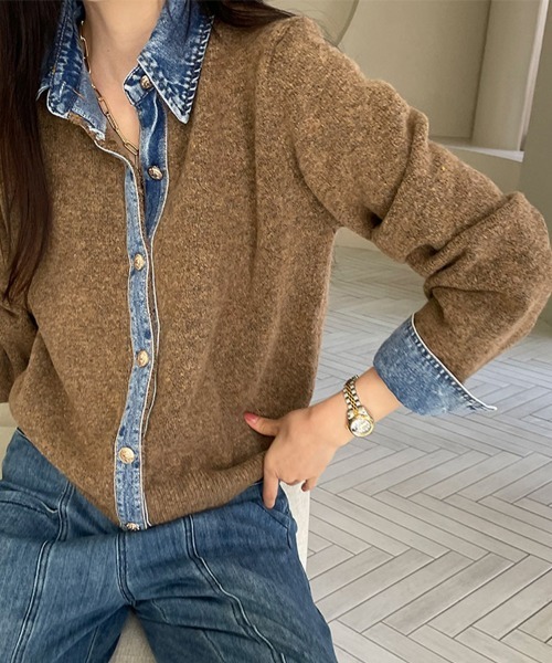 ReRe ニット セーター デニムシャツ風レイヤードニットトップス