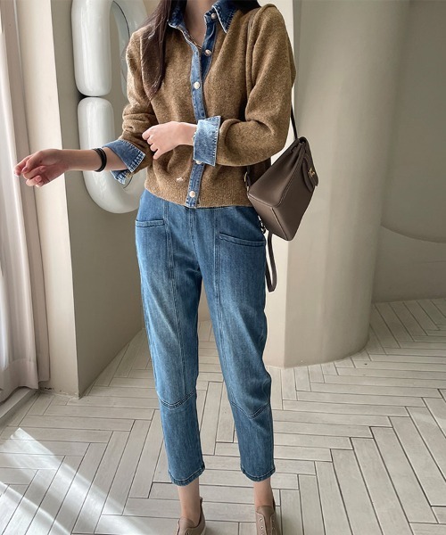 ReRe ニット セーター デニムシャツ風レイヤードニットトップス