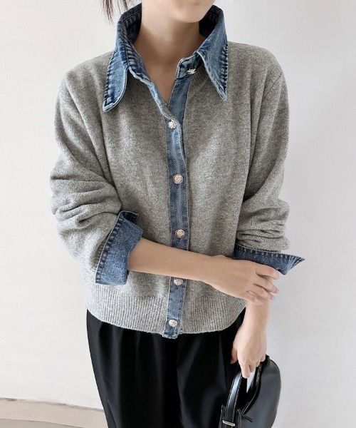 ReRe ニット セーター デニムシャツ風レイヤードニットトップス