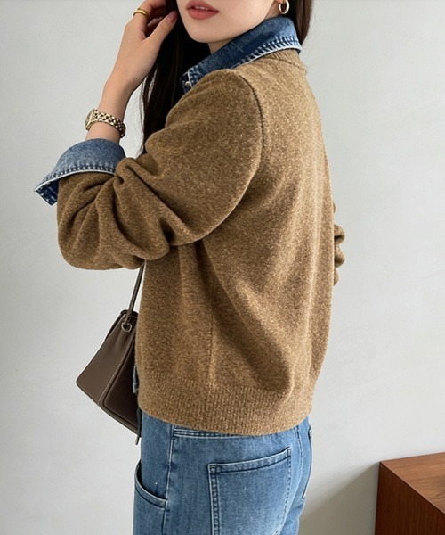 ReRe ニット セーター デニムシャツ風レイヤードニットトップス