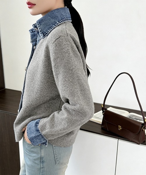 ReRe ニット セーター デニムシャツ風レイヤードニットトップス