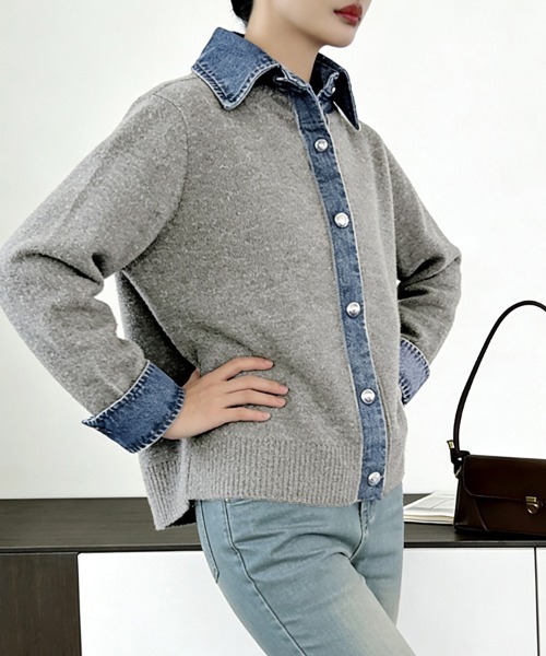 ReRe ニット セーター デニムシャツ風レイヤードニットトップス