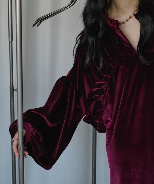 「Ezick」 長袖ワンピース FREE ボルドー レディース_画像2