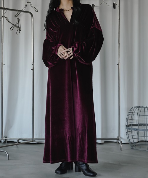 「Ezick」 長袖ワンピース FREE ボルドー レディース_画像6